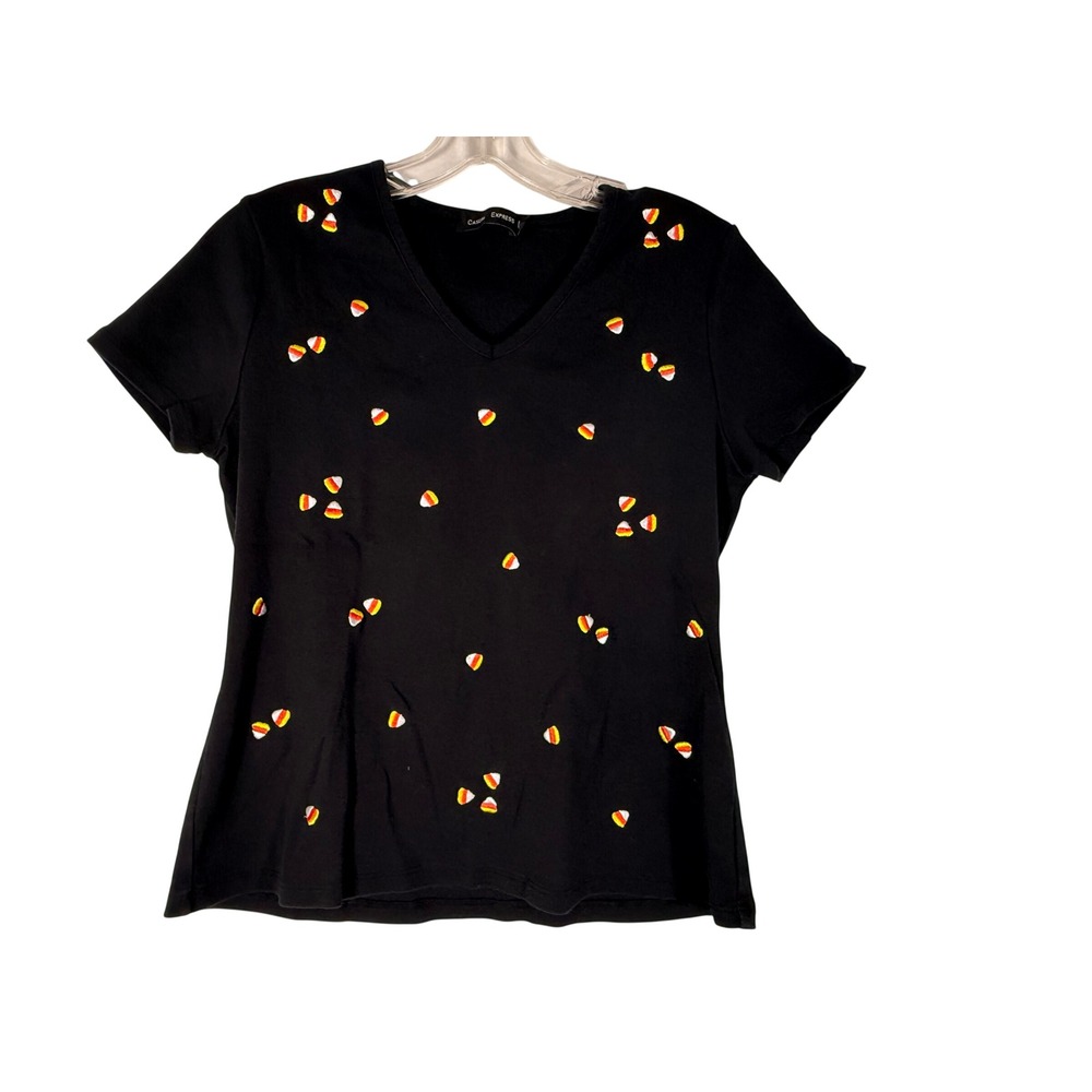 Casual Express Black V-Neck Halloween Candy Corn Embroidered Tee PM Cotton